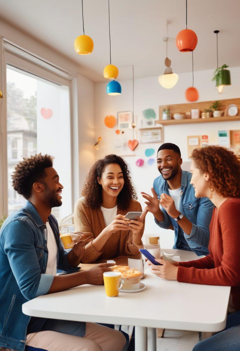 A warm, inviting scene depicting a diverse group of people celebrating their joyful payments with smiles and high-fives in a cozy café. Include digital devices showcasing secure billing solutions on their screens, surrounded by vibrant colors and playful decorations. A subtle backdrop of abstract payment icons to symbolize security and happiness. super-realistic. vibrant colors. white background.