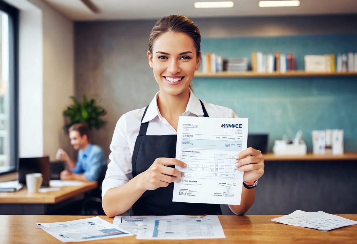 A cheerful customer receiving a transparent invoice with a smile, symbolizing trust and satisfaction. The background features a welcoming, modern billing office with friendly staff assisting clients. Include visual elements like thumbs up, happy faces, and currency notes to emphasize reliability in billing. soft focus. vibrant colors. 3D.