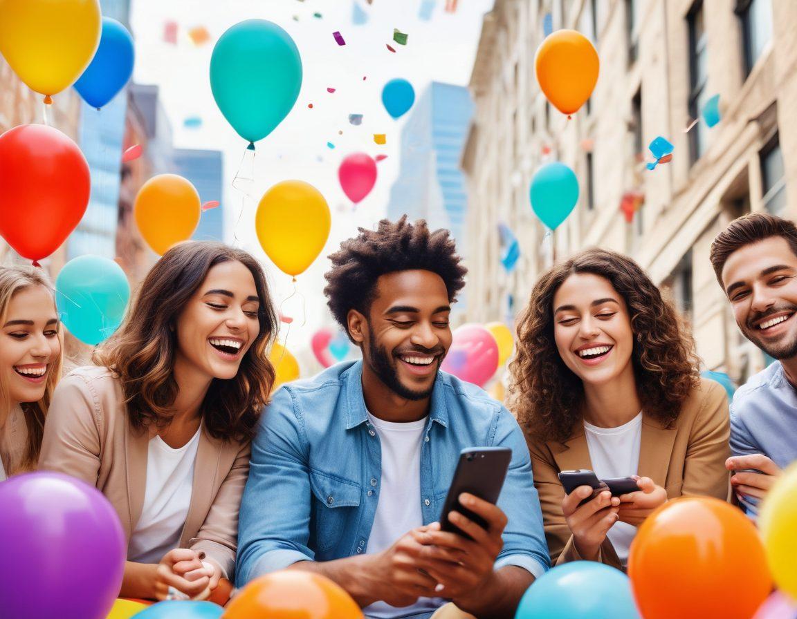 An inviting scene showcasing a diverse group of people smiling joyfully while interacting with their devices and using user-friendly billing services. Vibrant colors highlight digital payment apps on smartphones and laptops, while symbols of happiness, like balloons and confetti, float around them. The background features a bright, modern cityscape, symbolizing innovation. Such imagery should evoke feelings of ease, comfort, and financial freedom. super-realistic. vibrant colors. white background.